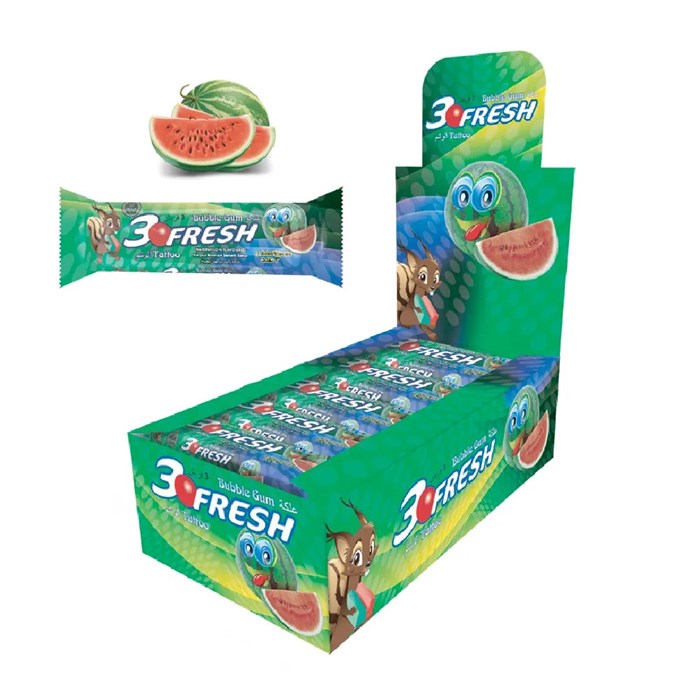 3 FRESH WATERMELON FLAVOURED BUBBLE GUM (with tattoo) Жевательные резинки с арбузом 1/24шт.*24бл. - фото 827104