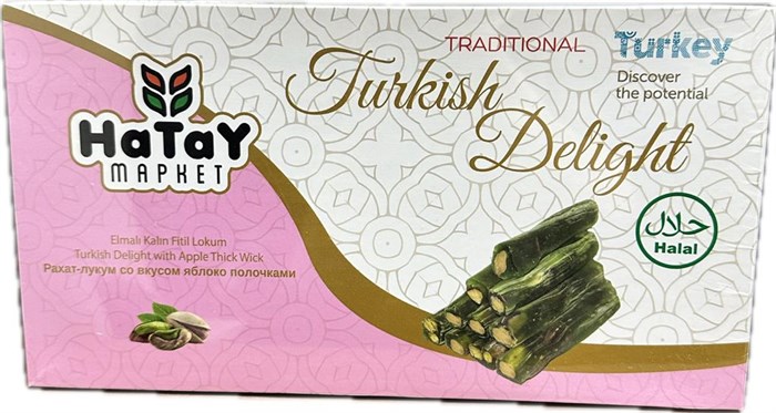 Hatay Market ELMALI kalin fitil рахат-лукум со вкусом яблоко с фисташкой палочки. 400гр. 1/18шт - фото 828290