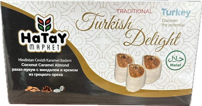 Hatay Market HINDISTAN CEVIZLI KARAMEL BADEM рахат-лукум с кокосом, карамелью и миндалем. 400гр. 1/18шт. - фото 828310