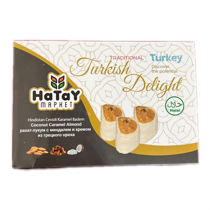 Hatay Market Hindistan Cevizli Karamel Badem рахат-лукум с миндалем и кремом из грецкого ореха. 225гр. 1/36шт - фото 828311