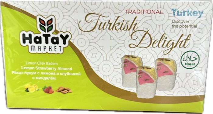 Hatay Market LIMON CILEK BADEM рахат-лукум с лимоном и клубникой с миндалём. 400гр. 1/18шт. - фото 828324