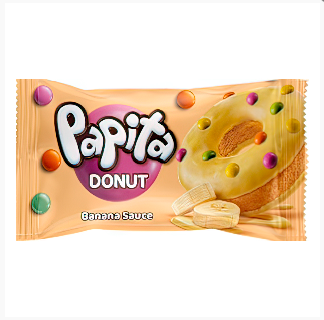 Кекс PAPITA DONUT с глазурью, банановой начинкой и цветными драже 40гр. 1/24шт.*6бл. - фото 828608