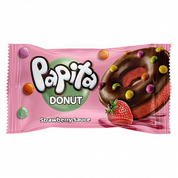 Кекс PAPITA DONUT с какао глазурью, клубничной начинкой и цветными драже 40гр. 1/24шт.*6бл. - фото 828609