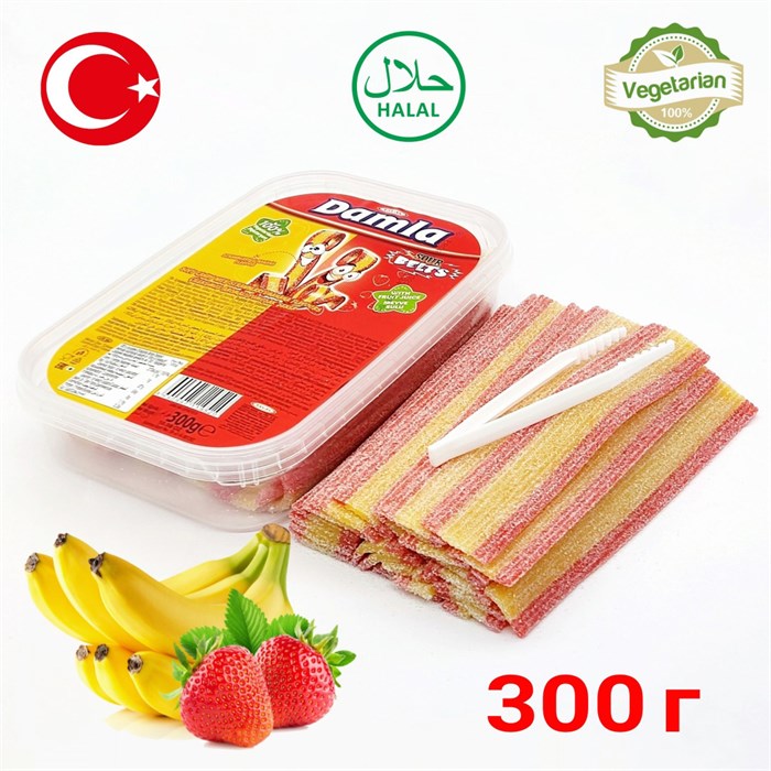 Tayash Кислые ремешки с посылкой DAMLA, банан&#038;клубника 300гр.1/24шт. - фото 829619