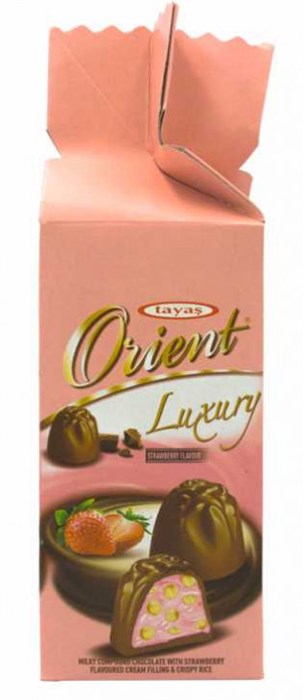 TAYAS ORIENT конфеты из молочного шоколада со сливочно-клубничным кремом и хрустящими крисли 265гр. 1/12шт. - фото 829630