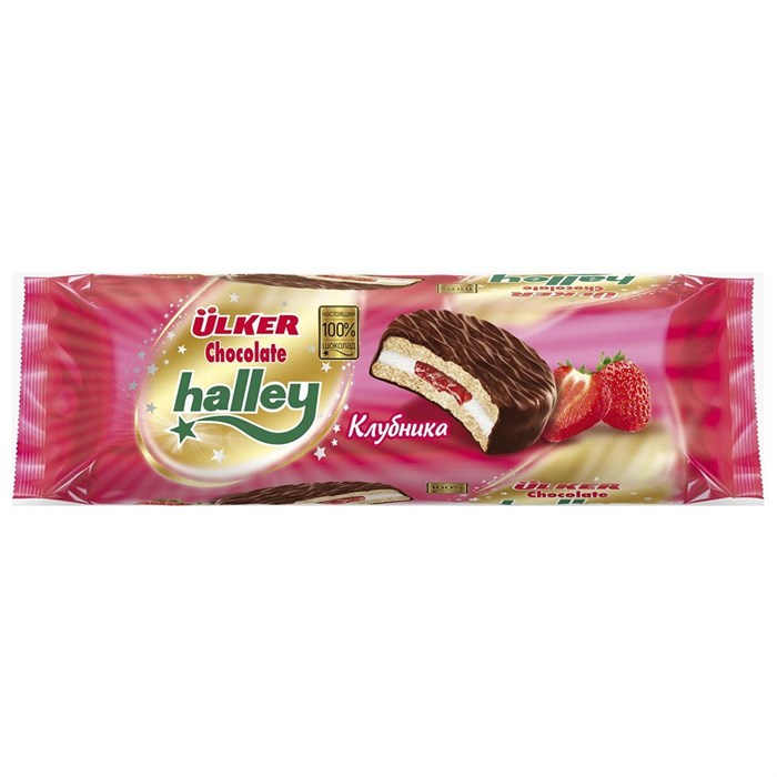 ULKER Halley КЛУБНИКА ПАЧКОВЫЙ сэндвич-печенье с молочным шоколад 240гр. 1/12шт. - фото 829793