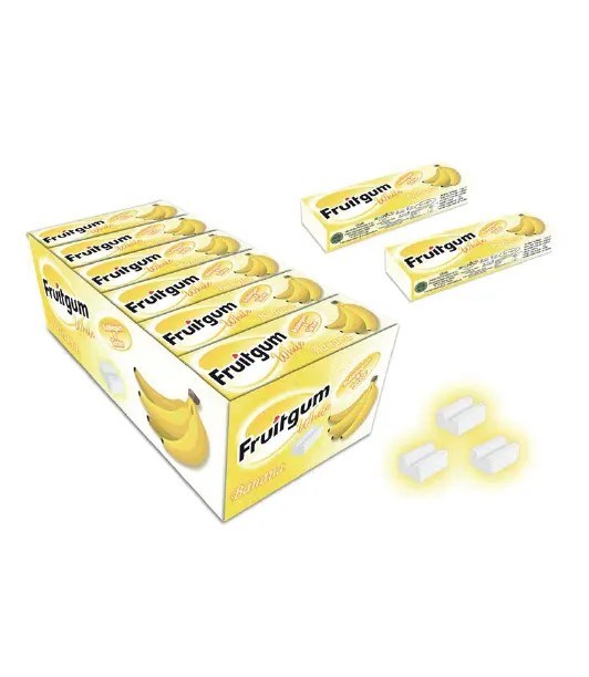 FRUITGUM WHITE BOXED BANANA BUBBLE GUM (with tattoo) Жевательные резинки с бананом 1/24шт.*24бл. - фото 830197