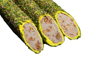769 Hacibaba лукум мега банановый с арахисовой пастой и миндалем в фисташке 2,5кг.